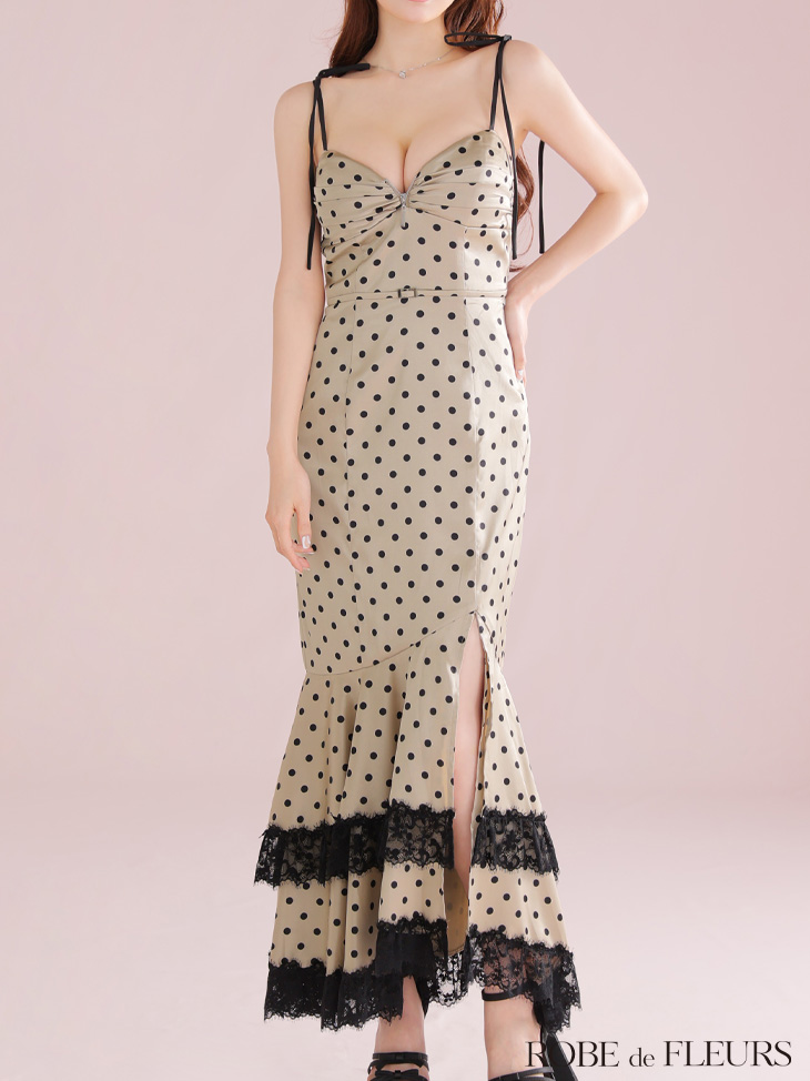 ROBE de FLEURS ローブドフルール 【XS～Lサイズあり】ドットサテンレースフリルマーメイドロングキャバドレス fm3299-c