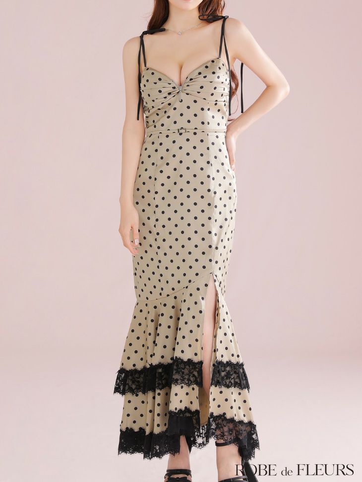 ROBE de FLEURS ローブドフルール 【XS～Lサイズあり】ドットサテンレースフリルマーメイドロングキャバドレス fm3299-c