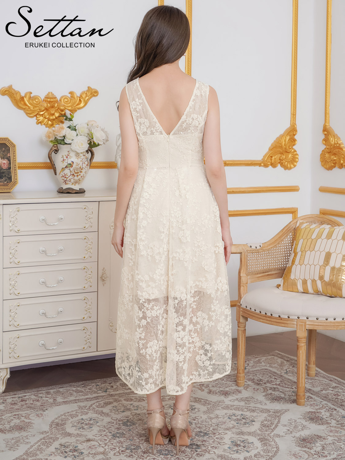 ERUKEI エルケイ アイボリー 総レース・スパンコール・ノースリーブ・Vネック・タック・フィッシュテール・Aライン・ミディアムドレス・ワンピース ek-s25101