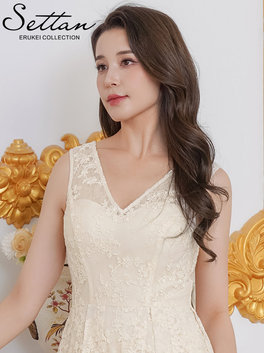 ERUKEI エルケイ アイボリー 総レース・スパンコール・ノースリーブ・Vネック・タック・フィッシュテール・Aライン・ミディアムドレス・ワンピース ek-s25101