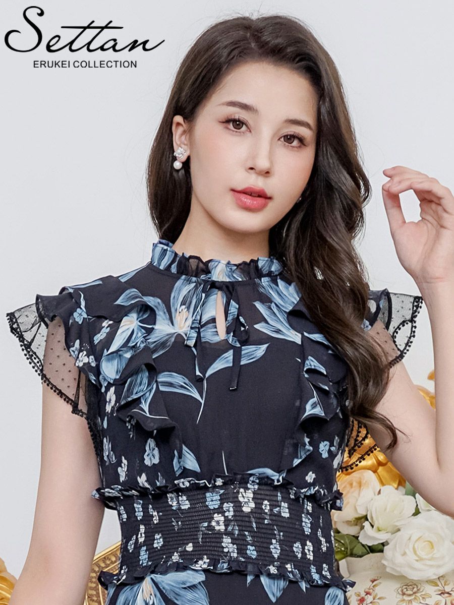 ERUKEI エルケイ ブラック×ブルー 花柄・プリント・シフォン・ティアード・フリル・プチハイネック・Aライン・ミディアムドレス・ワンピース ek-s91208