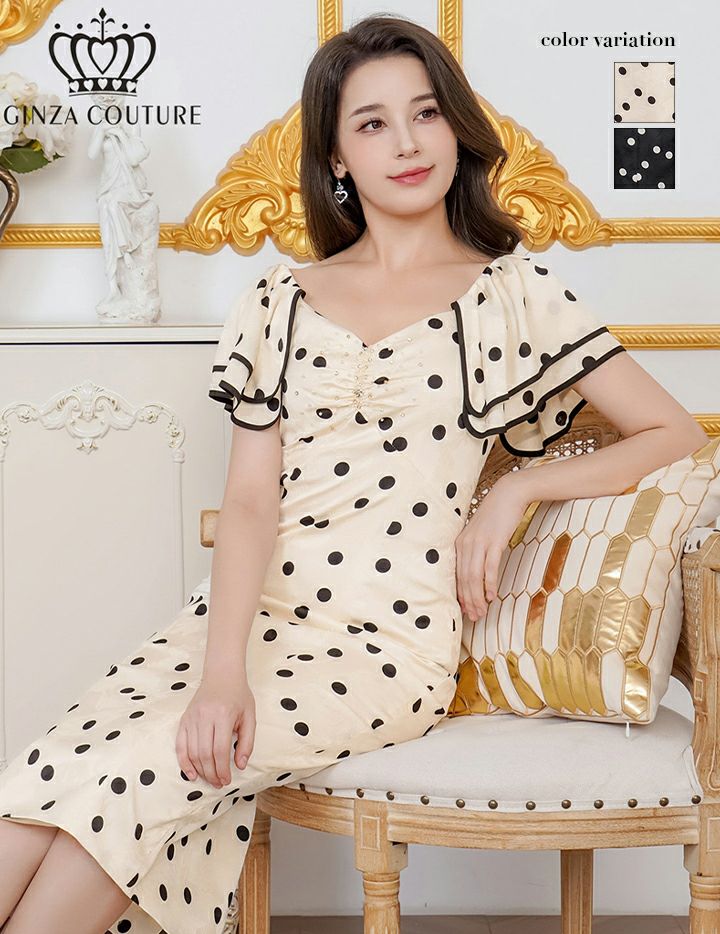 ERUKEI エルケイ サテンジャガード・花柄・ドット・プリント・フリルスリーブ・パイピング・ビーズ・ラインストーン・タイト・ミディアムドレス・ワンピース ek-c2863