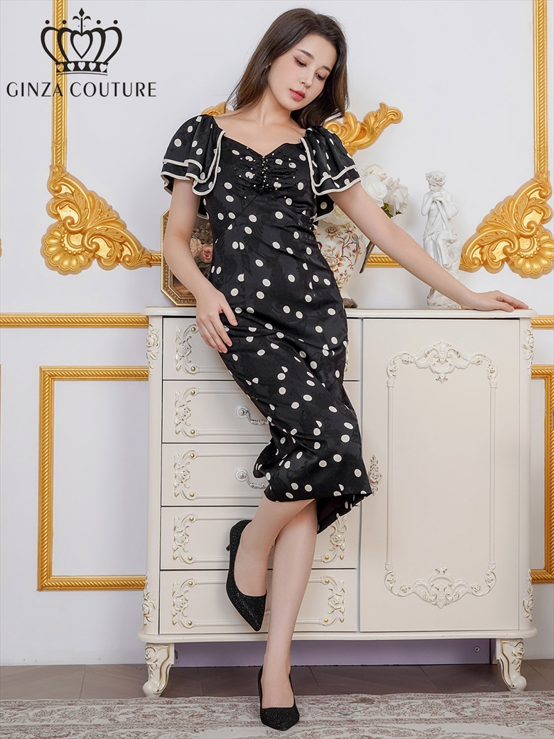 ERUKEI エルケイ サテンジャガード・花柄・ドット・プリント・フリルスリーブ・パイピング・ビーズ・ラインストーン・タイト・ミディアムドレス・ワンピース ek-c2863