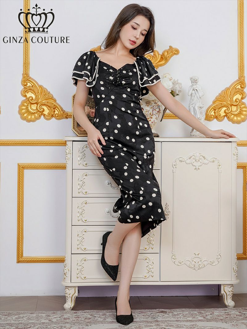 ERUKEI エルケイ サテンジャガード・花柄・ドット・プリント・フリルスリーブ・パイピング・ビーズ・ラインストーン・タイト・ミディアムドレス・ワンピース ek-c2863