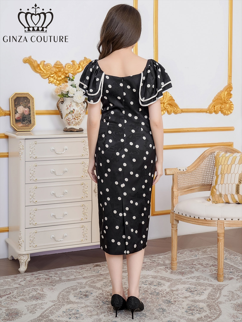 ERUKEI エルケイ サテンジャガード・花柄・ドット・プリント・フリルスリーブ・パイピング・ビーズ・ラインストーン・タイト・ミディアムドレス・ワンピース ek-c2863