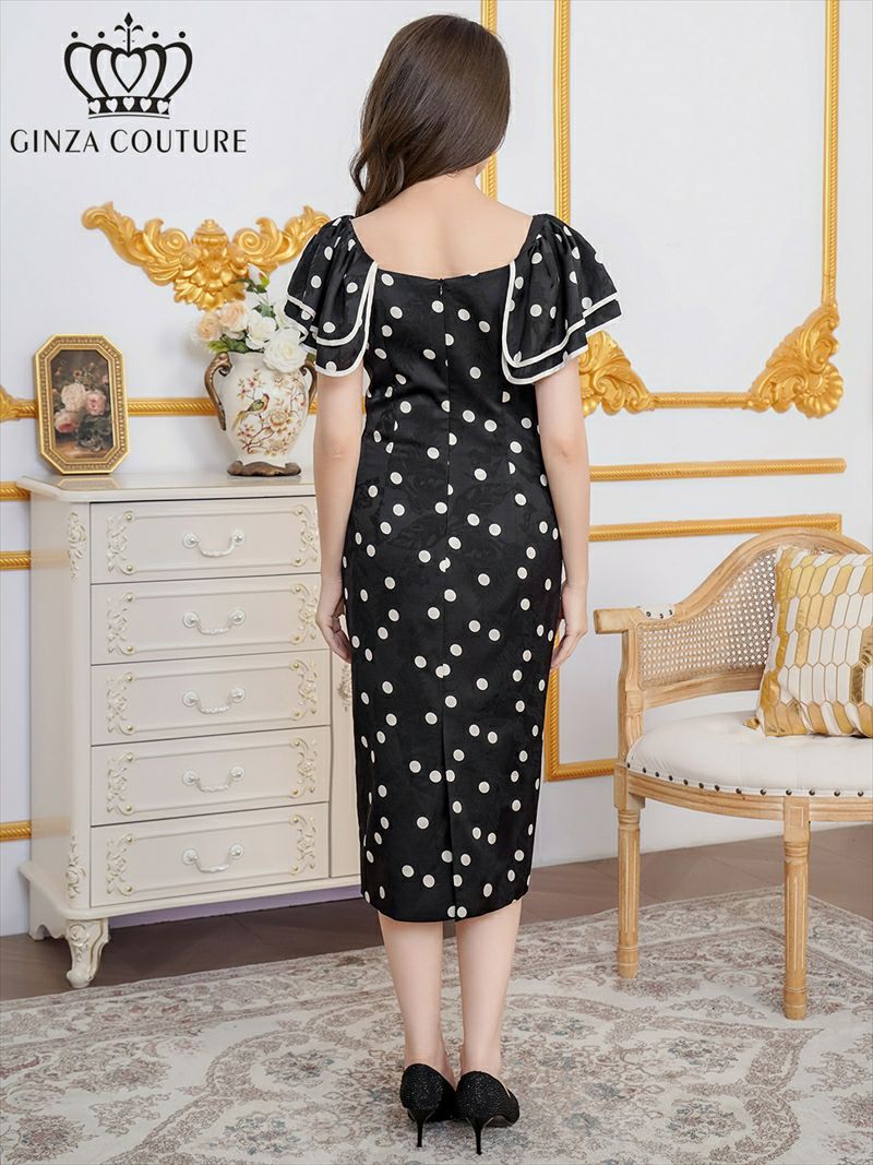 ERUKEI エルケイ サテンジャガード・花柄・ドット・プリント・フリルスリーブ・パイピング・ビーズ・ラインストーン・タイト・ミディアムドレス・ワンピース ek-c2863