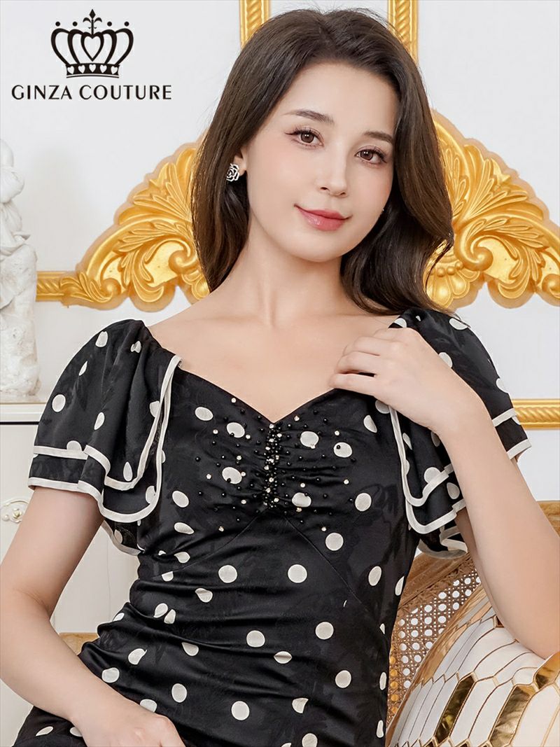 ERUKEI エルケイ サテンジャガード・花柄・ドット・プリント・フリルスリーブ・パイピング・ビーズ・ラインストーン・タイト・ミディアムドレス・ワンピース ek-c2863