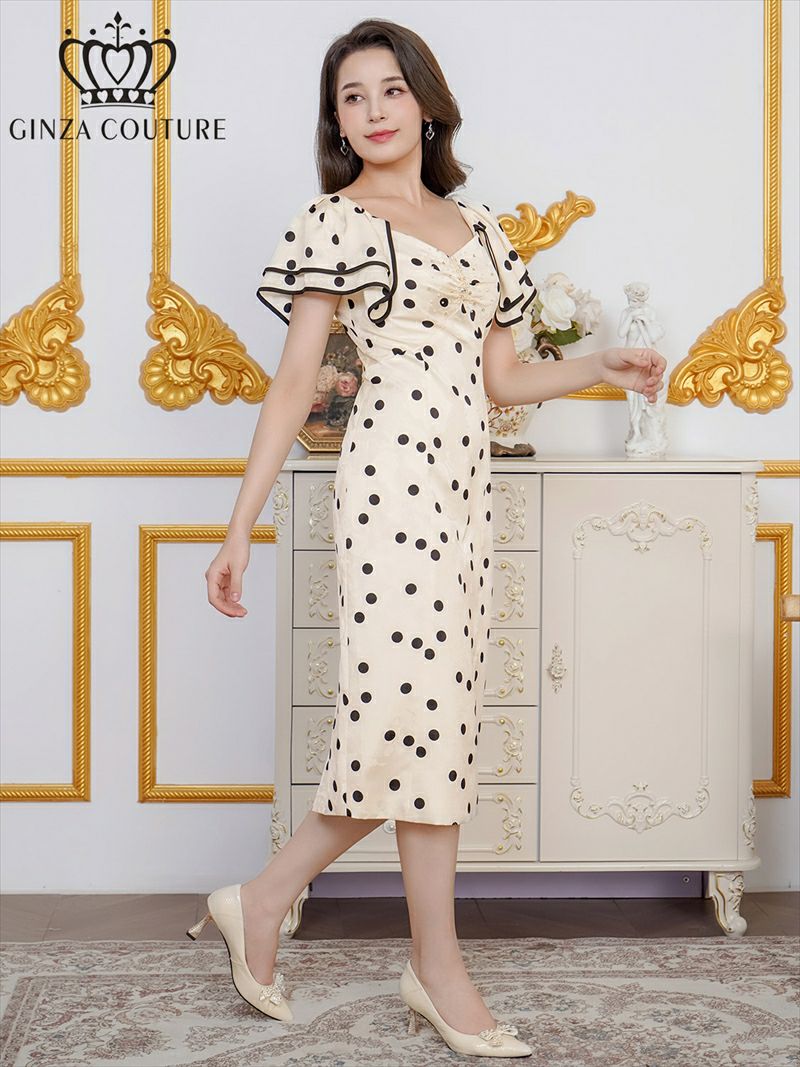 ERUKEI エルケイ サテンジャガード・花柄・ドット・プリント・フリルスリーブ・パイピング・ビーズ・ラインストーン・タイト・ミディアムドレス・ワンピース ek-c2863