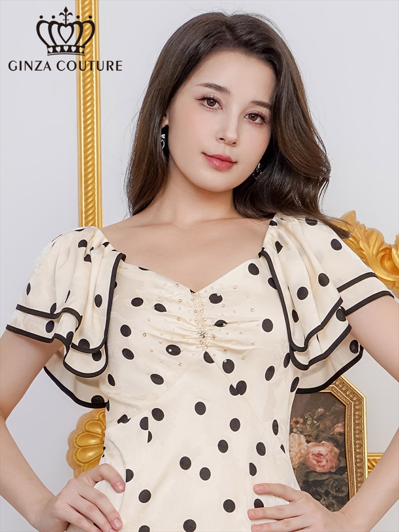 ERUKEI エルケイ サテンジャガード・花柄・ドット・プリント・フリルスリーブ・パイピング・ビーズ・ラインストーン・タイト・ミディアムドレス・ワンピース ek-c2863