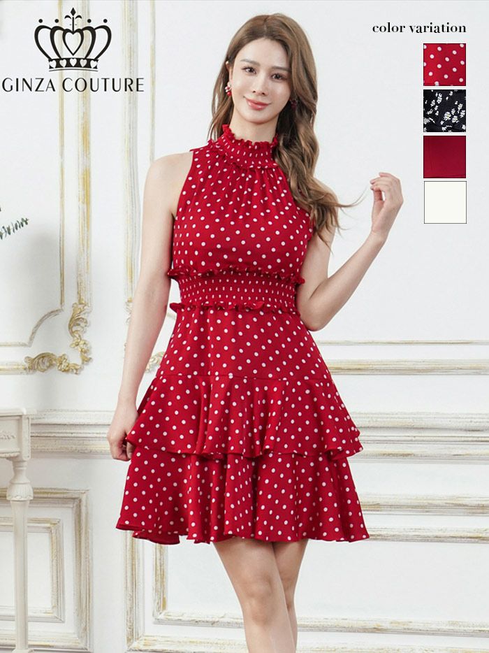 ERUKEI エルケイ プリント・首元フリル・ウエストマーク・アメリカンスリーブ・ティアード・Aライン・ミニドレス・ワンピース ek-c25129