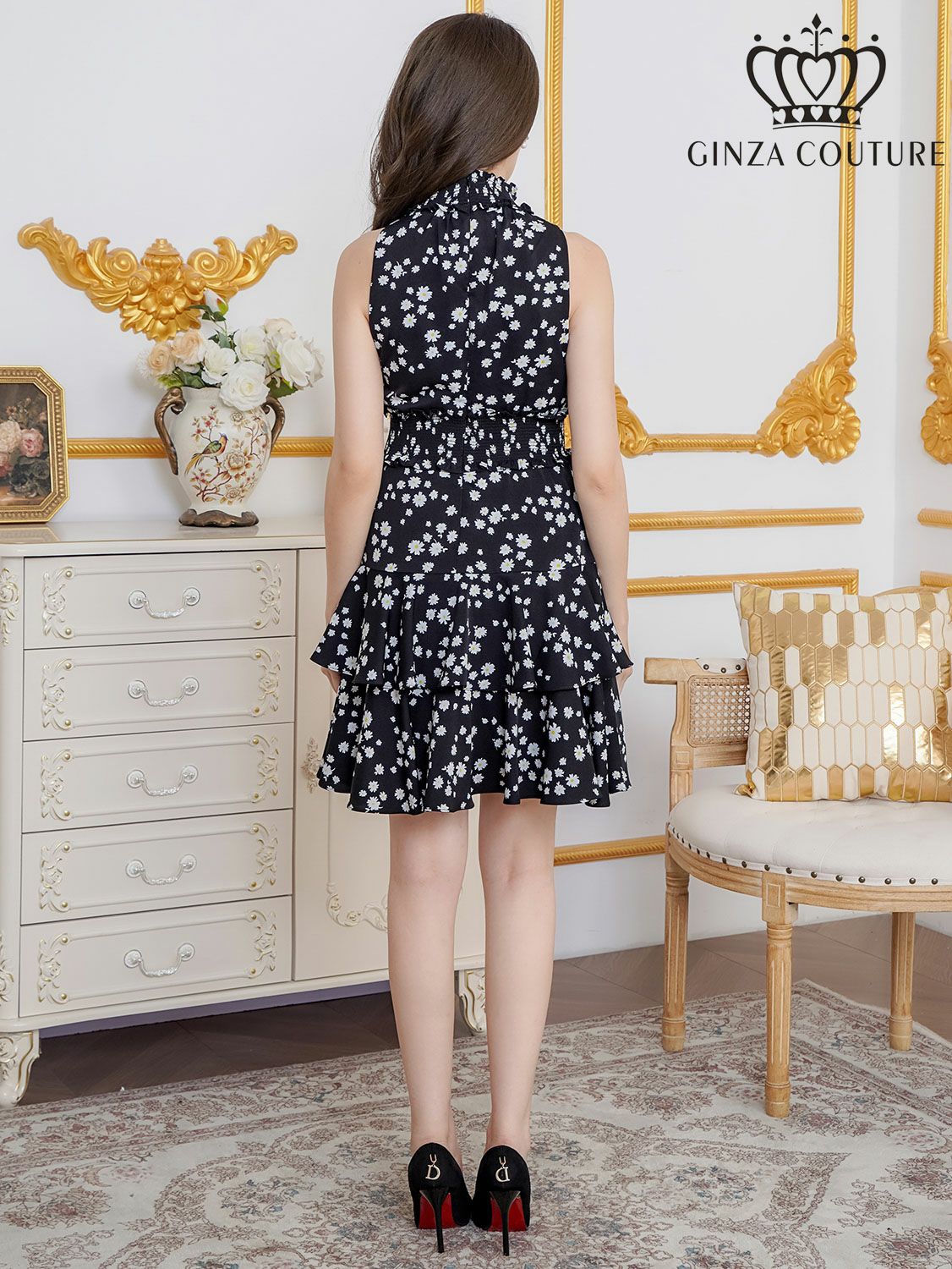 ERUKEI エルケイ プリント・首元フリル・ウエストマーク・アメリカンスリーブ・ティアード・Aライン・ミニドレス・ワンピース ek-c25129