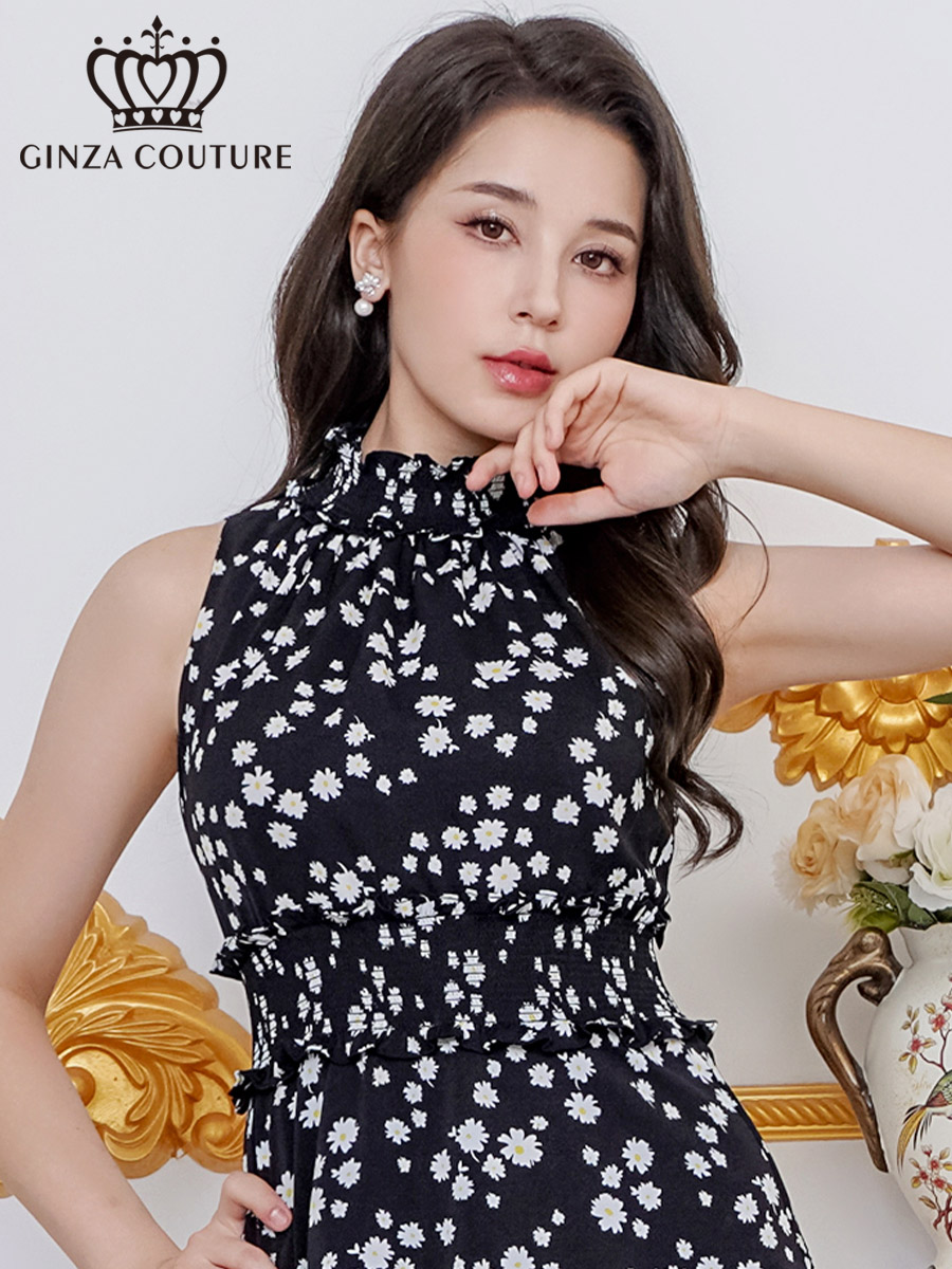 ERUKEI エルケイ プリント・首元フリル・ウエストマーク・アメリカンスリーブ・ティアード・Aライン・ミニドレス・ワンピース ek-c25129