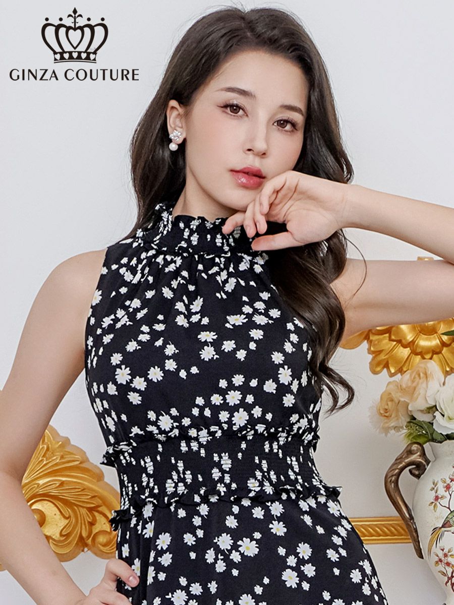 ERUKEI エルケイ プリント・首元フリル・ウエストマーク・アメリカンスリーブ・ティアード・Aライン・ミニドレス・ワンピース ek-c25129