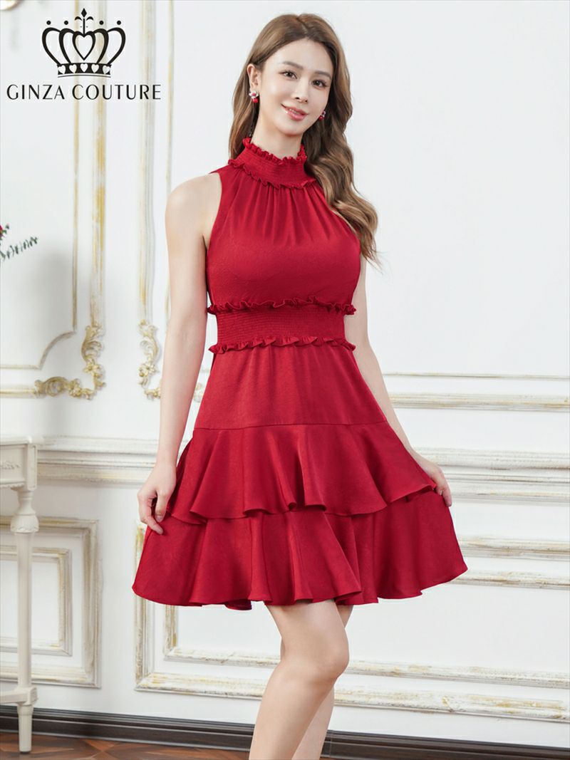 ERUKEI エルケイ プリント・首元フリル・ウエストマーク・アメリカンスリーブ・ティアード・Aライン・ミニドレス・ワンピース ek-c25129