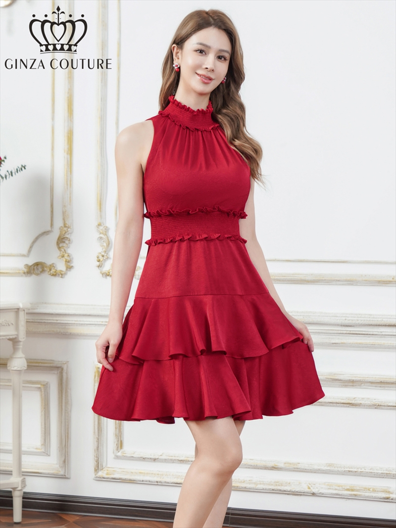 ERUKEI エルケイ プリント・首元フリル・ウエストマーク・アメリカンスリーブ・ティアード・Aライン・ミニドレス・ワンピース ek-c25129