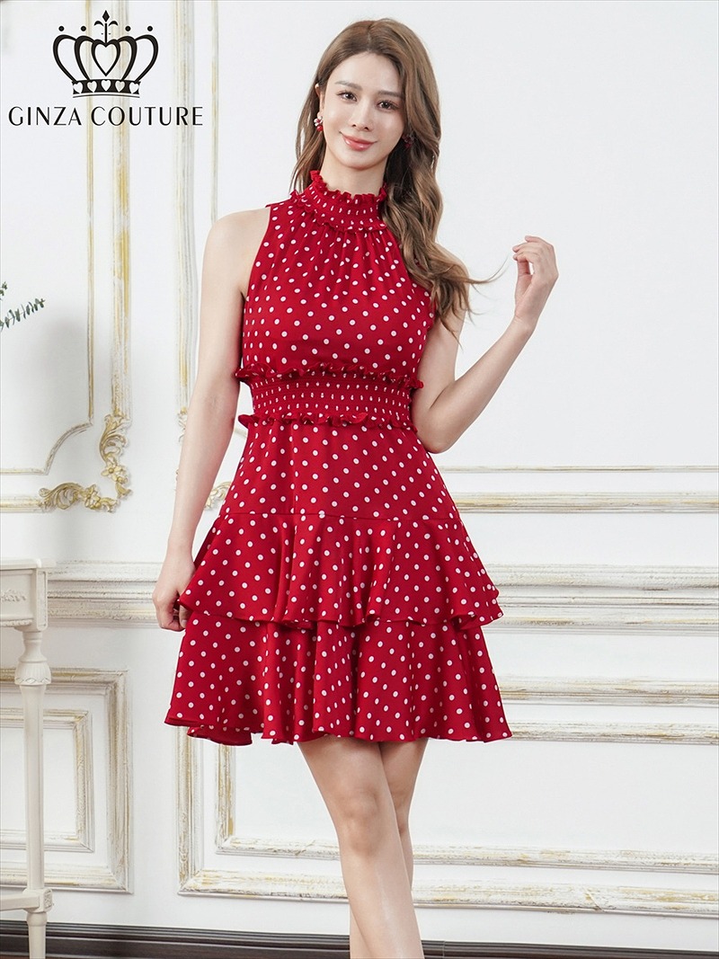 ERUKEI エルケイ プリント・首元フリル・ウエストマーク・アメリカンスリーブ・ティアード・Aライン・ミニドレス・ワンピース ek-c25129