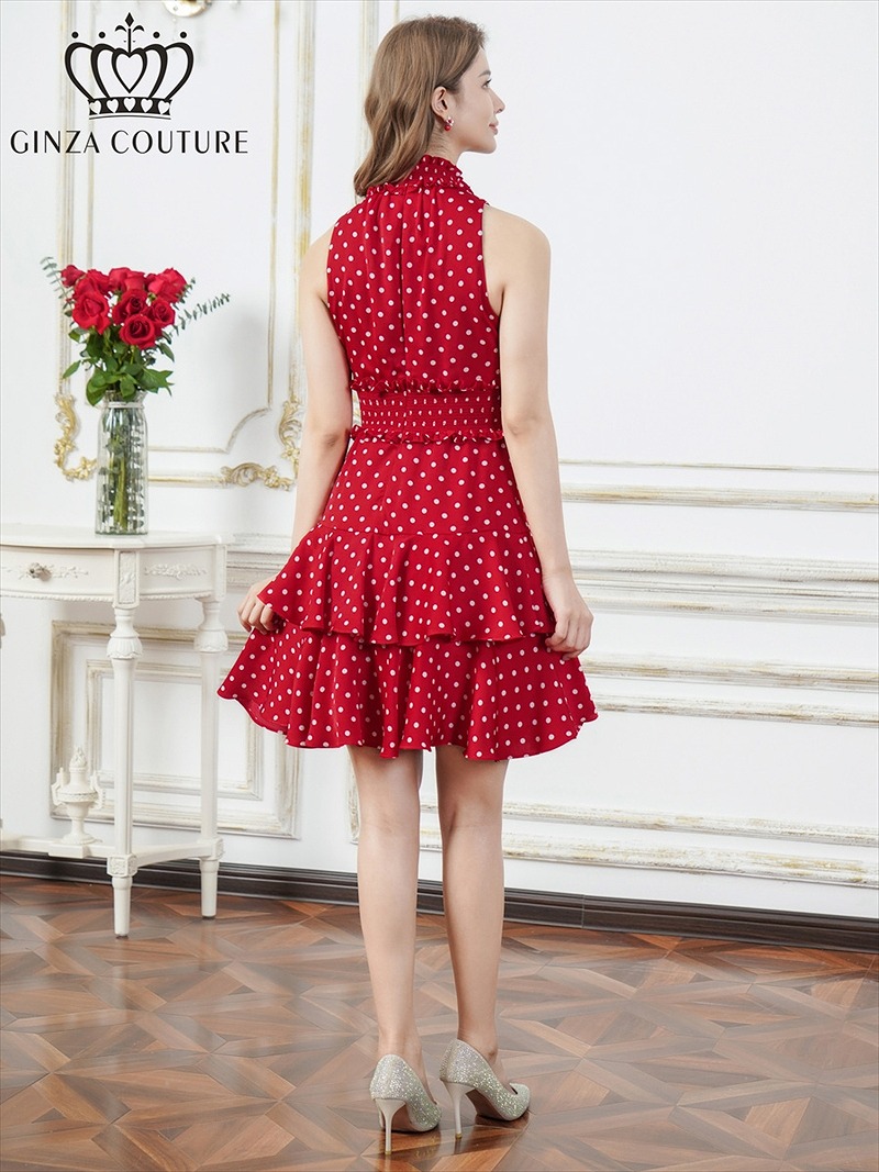 ERUKEI エルケイ プリント・首元フリル・ウエストマーク・アメリカンスリーブ・ティアード・Aライン・ミニドレス・ワンピース ek-c25129