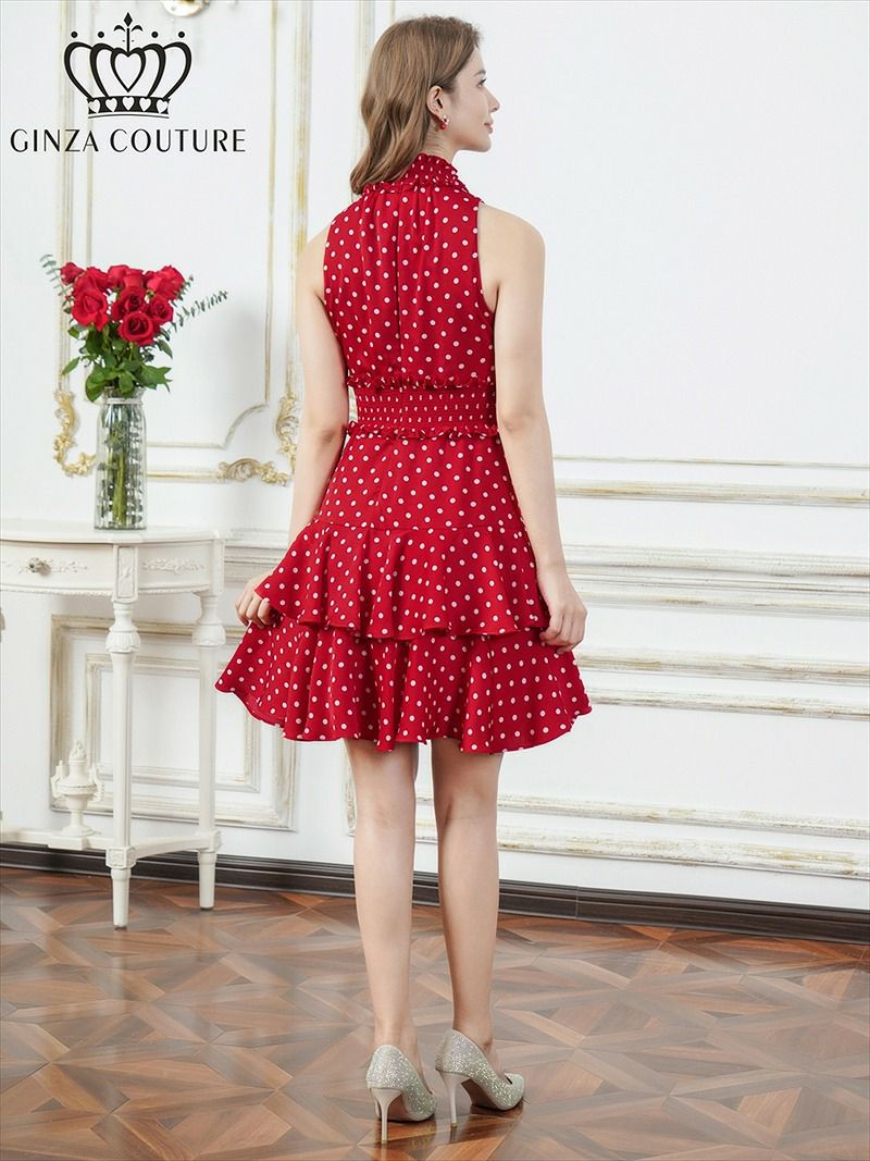 ERUKEI エルケイ プリント・首元フリル・ウエストマーク・アメリカンスリーブ・ティアード・Aライン・ミニドレス・ワンピース ek-c25129