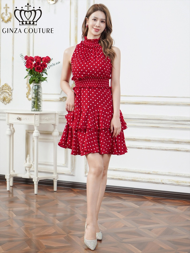 ERUKEI エルケイ プリント・首元フリル・ウエストマーク・アメリカンスリーブ・ティアード・Aライン・ミニドレス・ワンピース ek-c25129