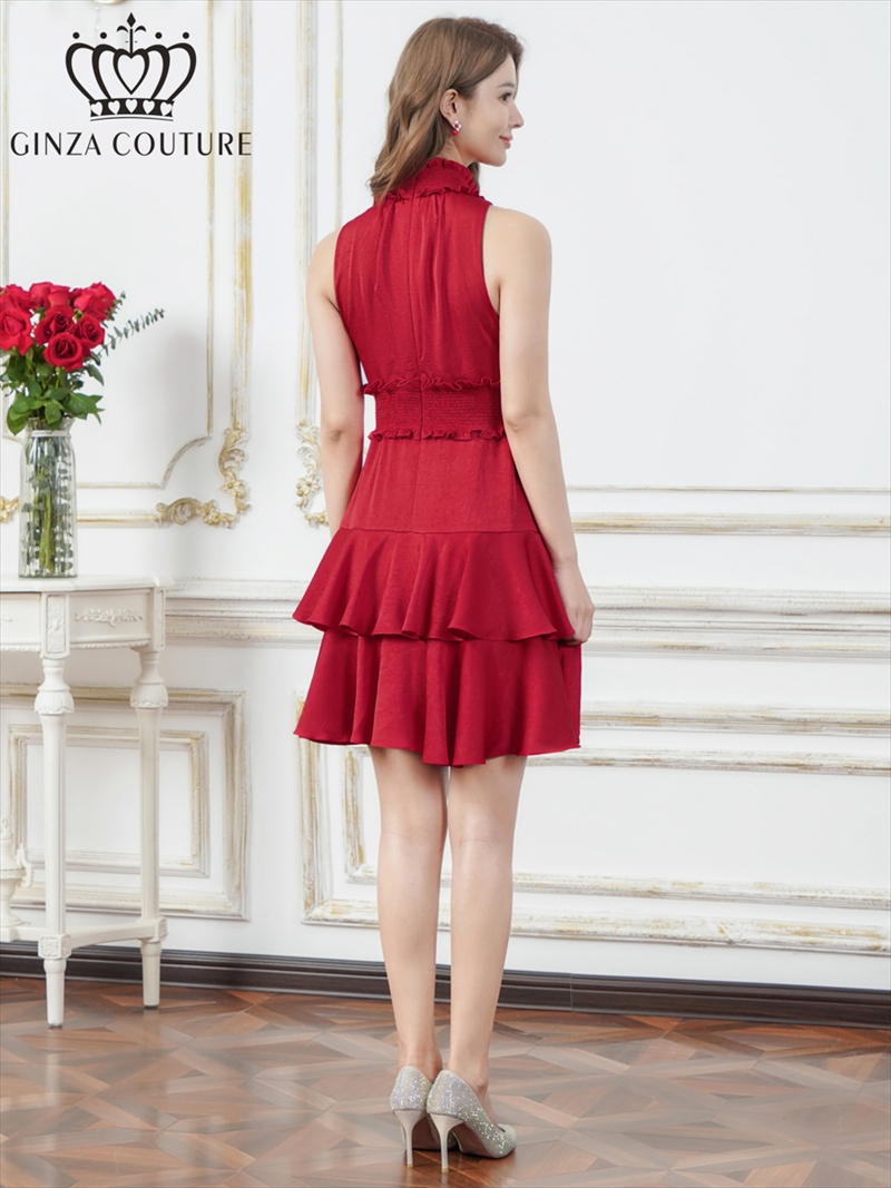 ERUKEI エルケイ プリント・首元フリル・ウエストマーク・アメリカンスリーブ・ティアード・Aライン・ミニドレス・ワンピース ek-c25129