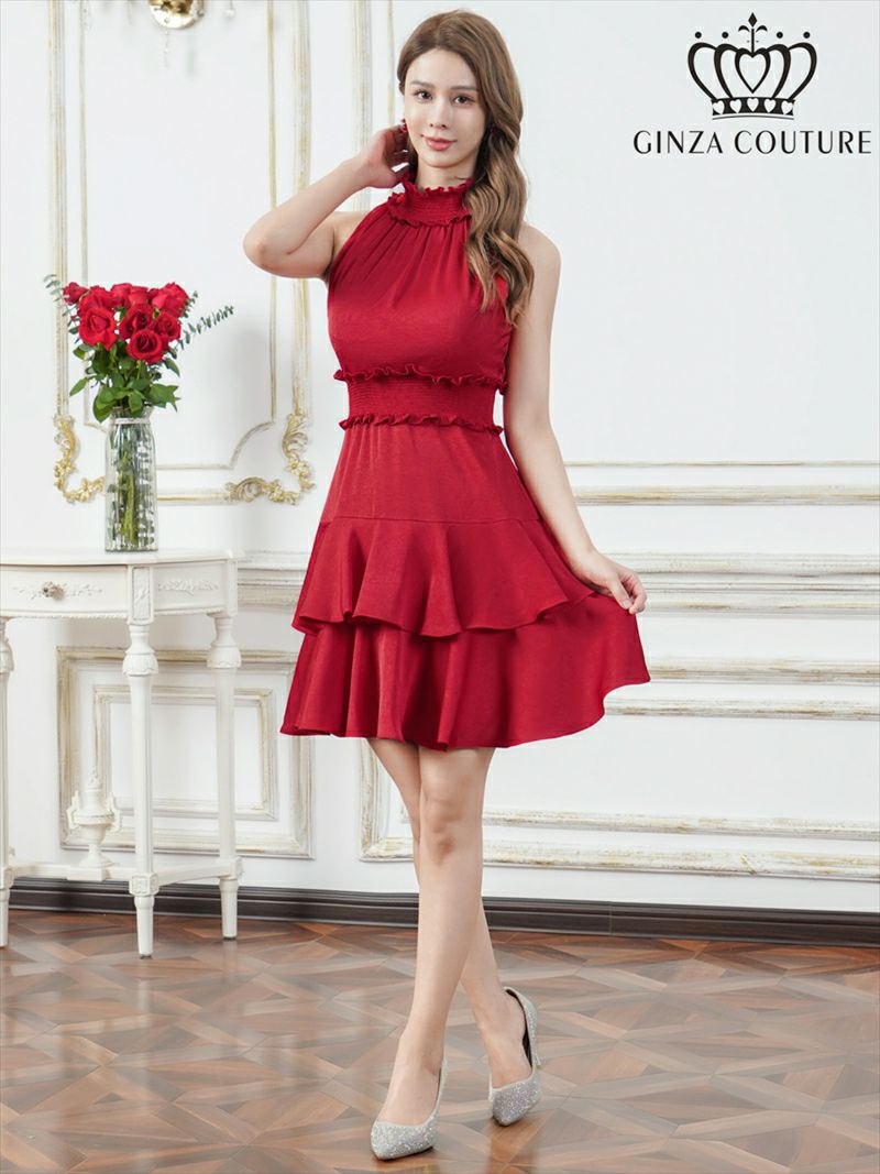 ERUKEI エルケイ プリント・首元フリル・ウエストマーク・アメリカンスリーブ・ティアード・Aライン・ミニドレス・ワンピース ek-c25129