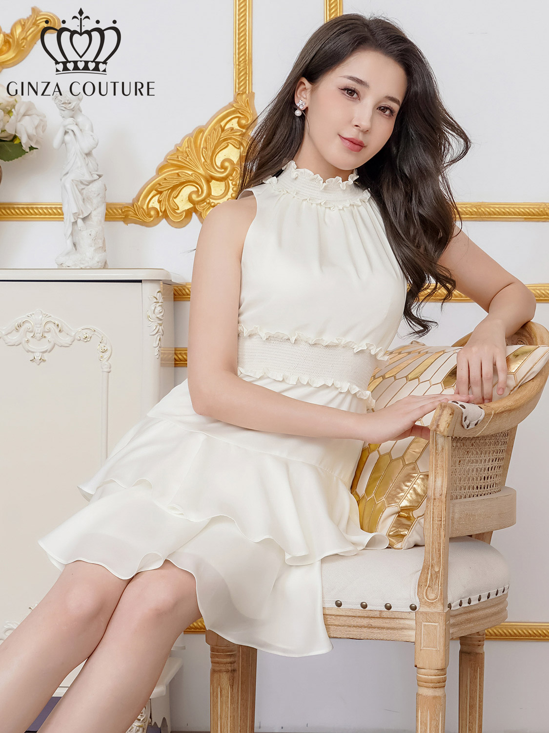 ERUKEI エルケイ プリント・首元フリル・ウエストマーク・アメリカンスリーブ・ティアード・Aライン・ミニドレス・ワンピース ek-c25129