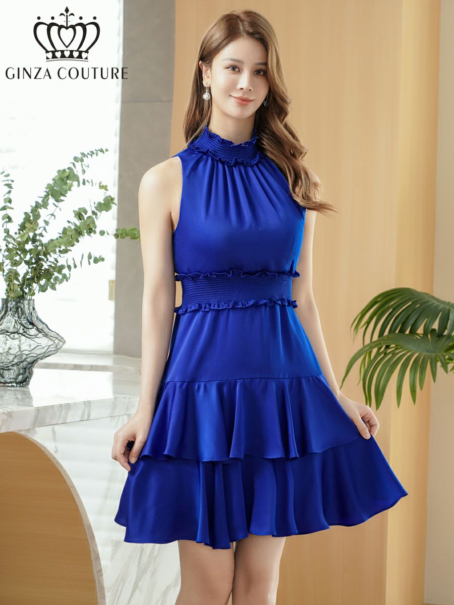 ERUKEI エルケイ プリント・首元フリル・ウエストマーク・アメリカンスリーブ・ティアード・Aライン・ミニドレス・ワンピース ek-c25129