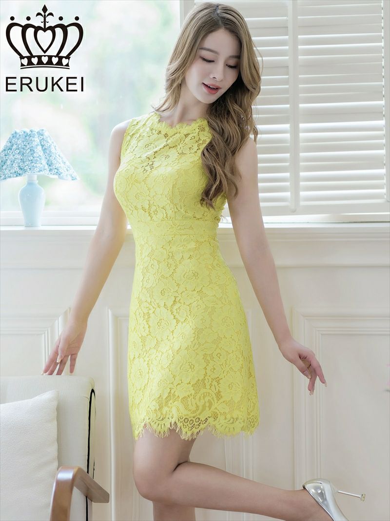 ERUKEI エルケイ イエロー・ノースリーブ・総レース・切替・Aライン・ミニドレス・ワンピース ek-e25156
