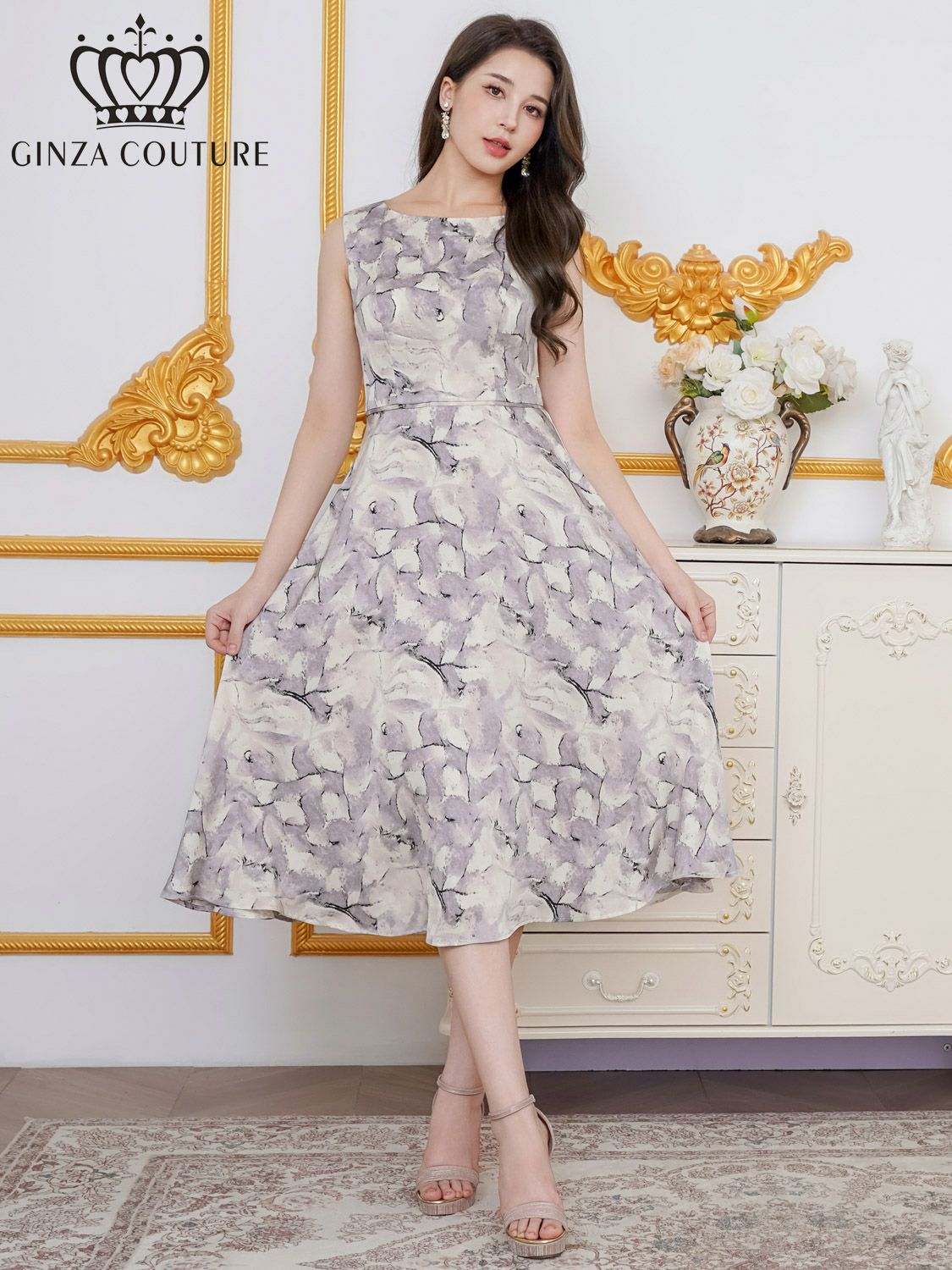 ERUKEI エルケイ プリント・サテン・ノースリーブ・切替・Aライン・ミディアムドレス・ワンピース ek-c36215