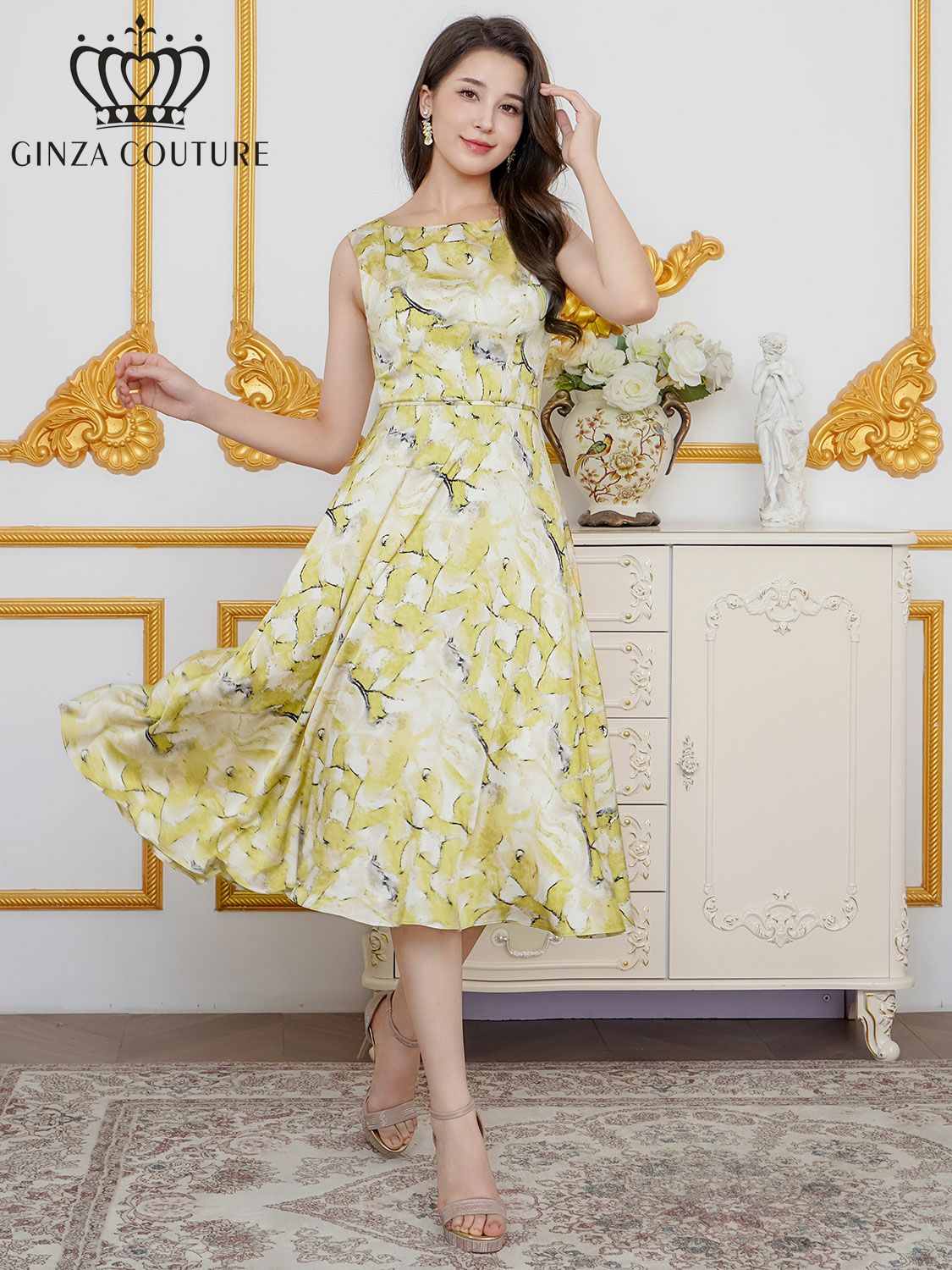 ERUKEI エルケイ プリント・サテン・ノースリーブ・切替・Aライン・ミディアムドレス・ワンピース ek-c36215