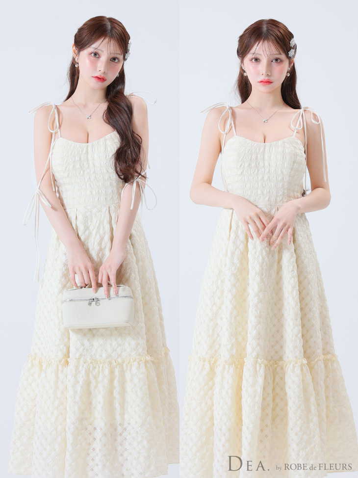 DEA. ディア バイ ローブドフルール 【Lサイズあり】オフショルリボンシフォンオーガンジーフレアロングキャバドレス de3291