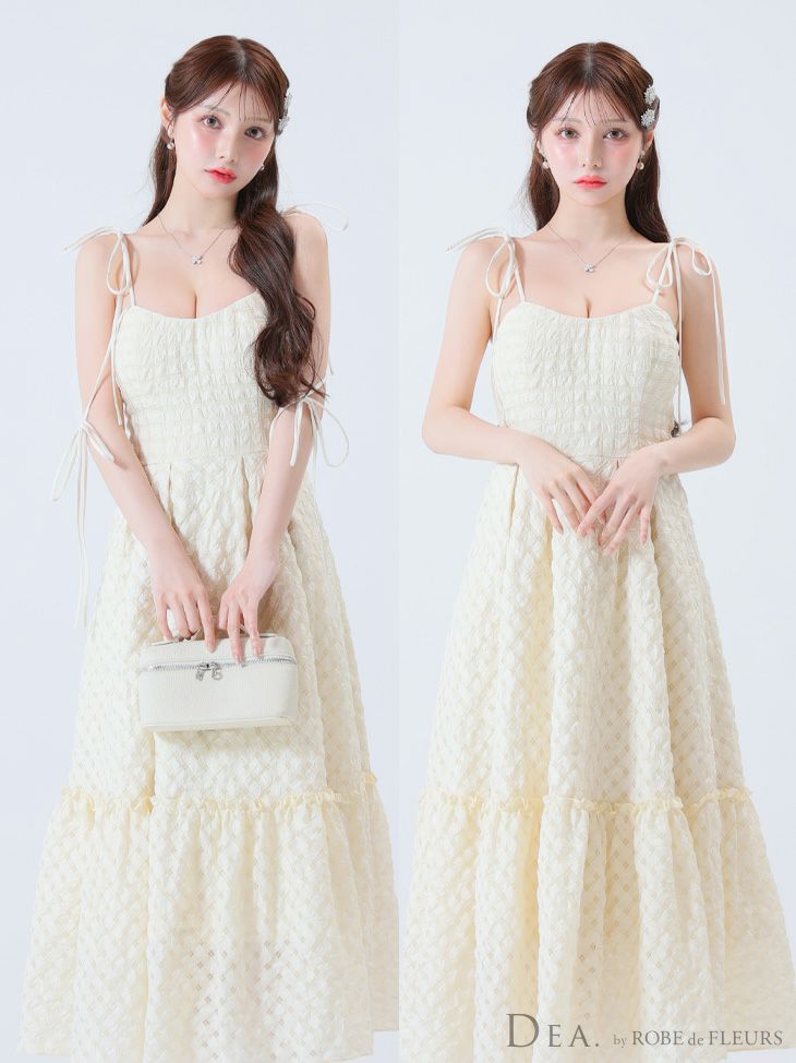 DEA. ディア バイ ローブドフルール 【Lサイズあり】オフショルリボンシフォンオーガンジーフレアロングキャバドレス de3291