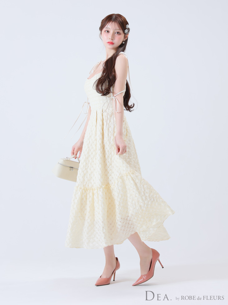 DEA. ディア バイ ローブドフルール 【Lサイズあり】オフショルリボンシフォンオーガンジーフレアロングキャバドレス de3291