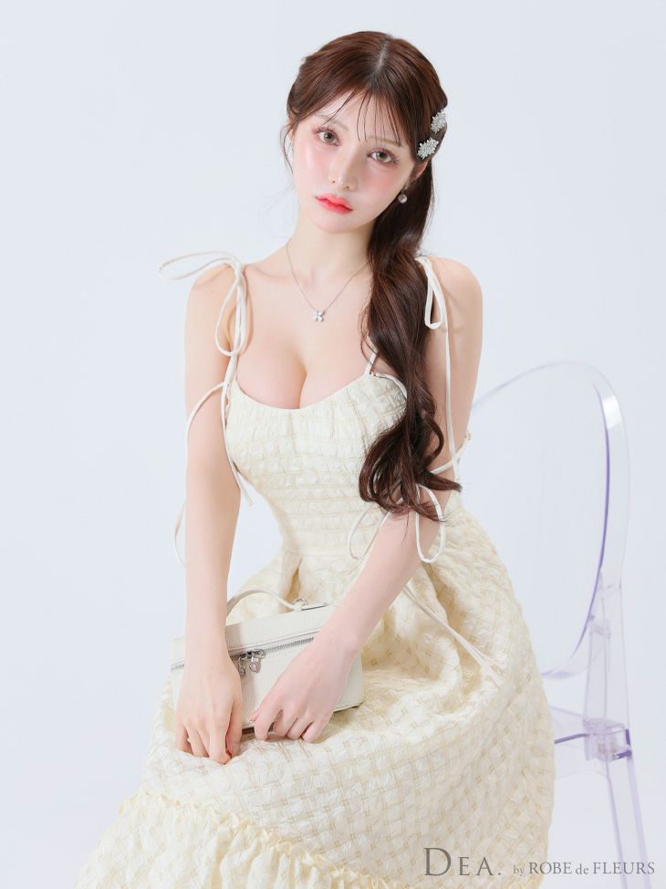 DEA. ディア バイ ローブドフルール 【Lサイズあり】オフショルリボンシフォンオーガンジーフレアロングキャバドレス de3291