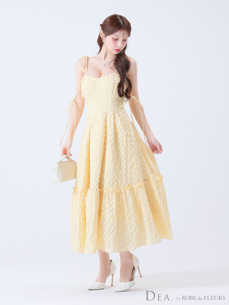 DEA. ディア バイ ローブドフルール 【Lサイズあり】オフショルリボンシフォンオーガンジーフレアロングキャバドレス de3291