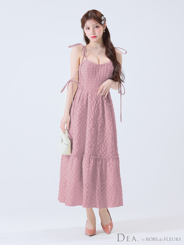 DEA. ディア バイ ローブドフルール 【Lサイズあり】オフショルリボンシフォンオーガンジーフレアロングキャバドレス de3291