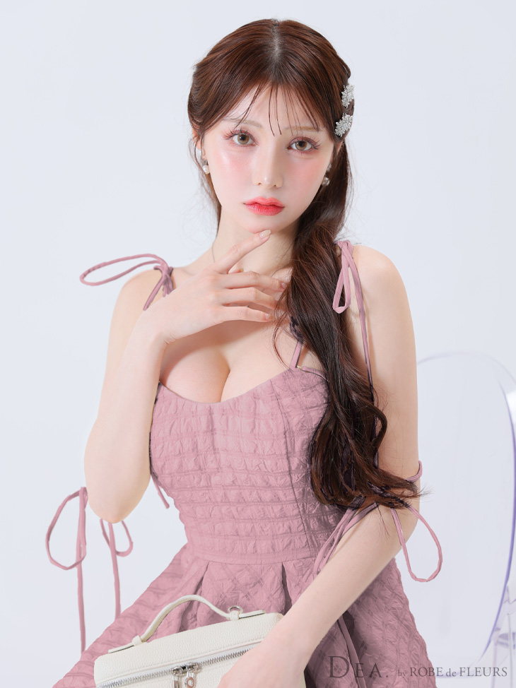 DEA. ディア バイ ローブドフルール 【Lサイズあり】オフショルリボンシフォンオーガンジーフレアロングキャバドレス de3291