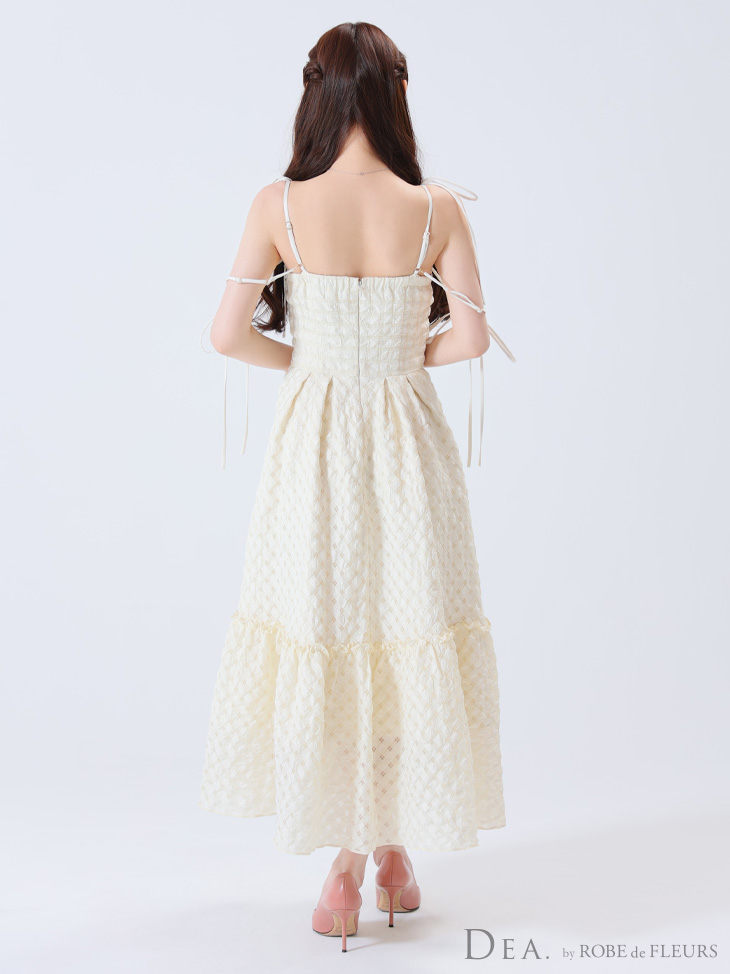 DEA. ディア バイ ローブドフルール 【Lサイズあり】オフショルリボンシフォンオーガンジーフレアロングキャバドレス de3291