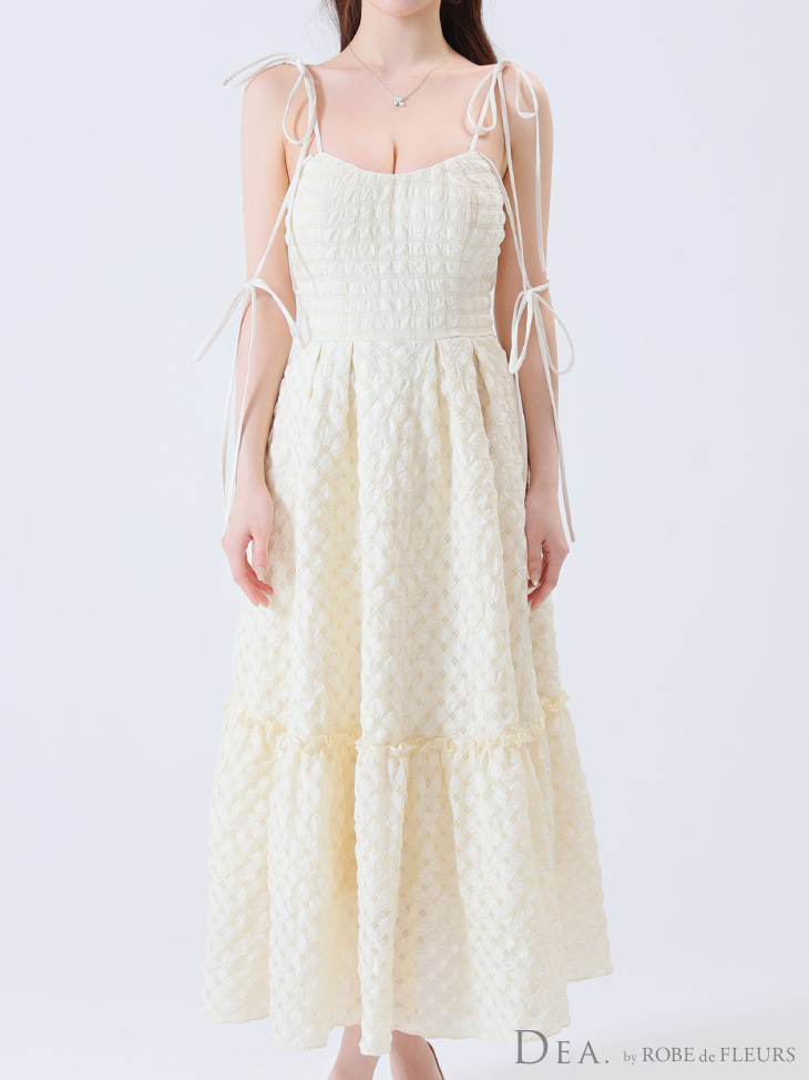 DEA. ディア バイ ローブドフルール 【Lサイズあり】オフショルリボンシフォンオーガンジーフレアロングキャバドレス de3291