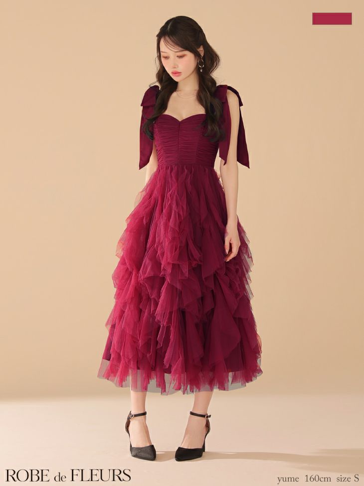 ROBE de FLEURS ローブドフルール ボリュームチュールショルダーリボンフレアロングドレス fm3463