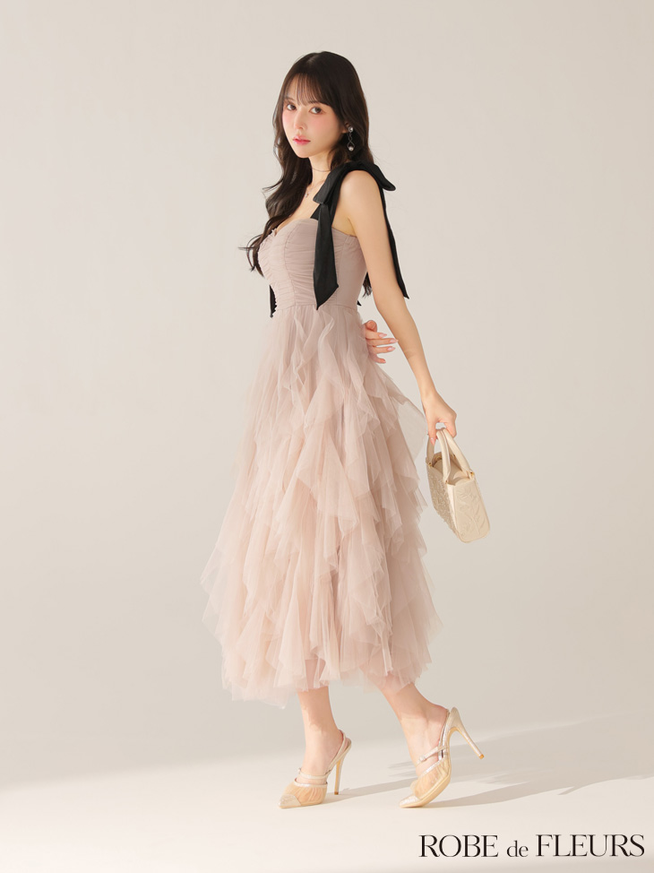 ROBE de FLEURS ローブドフルール ボリュームチュールショルダーリボンフレアロングドレス fm3463