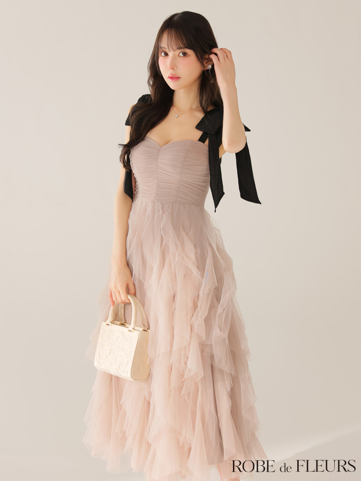 ROBE de FLEURS ローブドフルール ボリュームチュールショルダーリボンフレアロングドレス fm3463