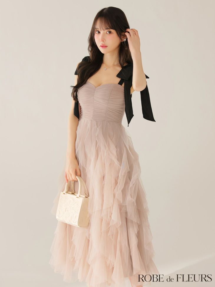 ROBE de FLEURS ローブドフルール ボリュームチュールショルダーリボンフレアロングドレス fm3463