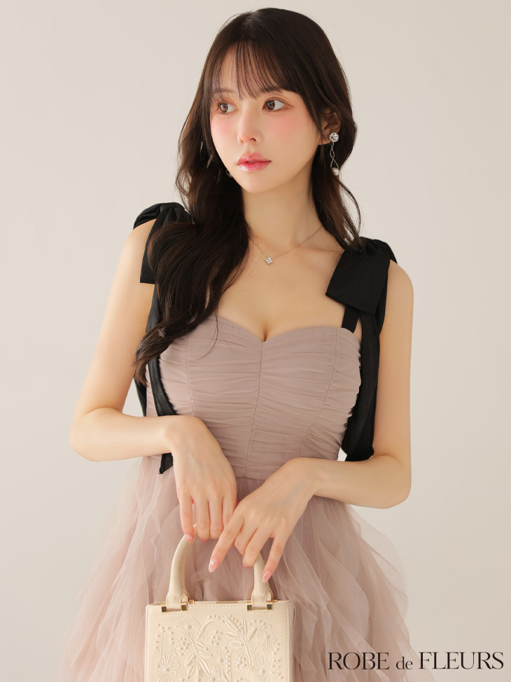 ROBE de FLEURS ローブドフルール ボリュームチュールショルダーリボンフレアロングドレス fm3463