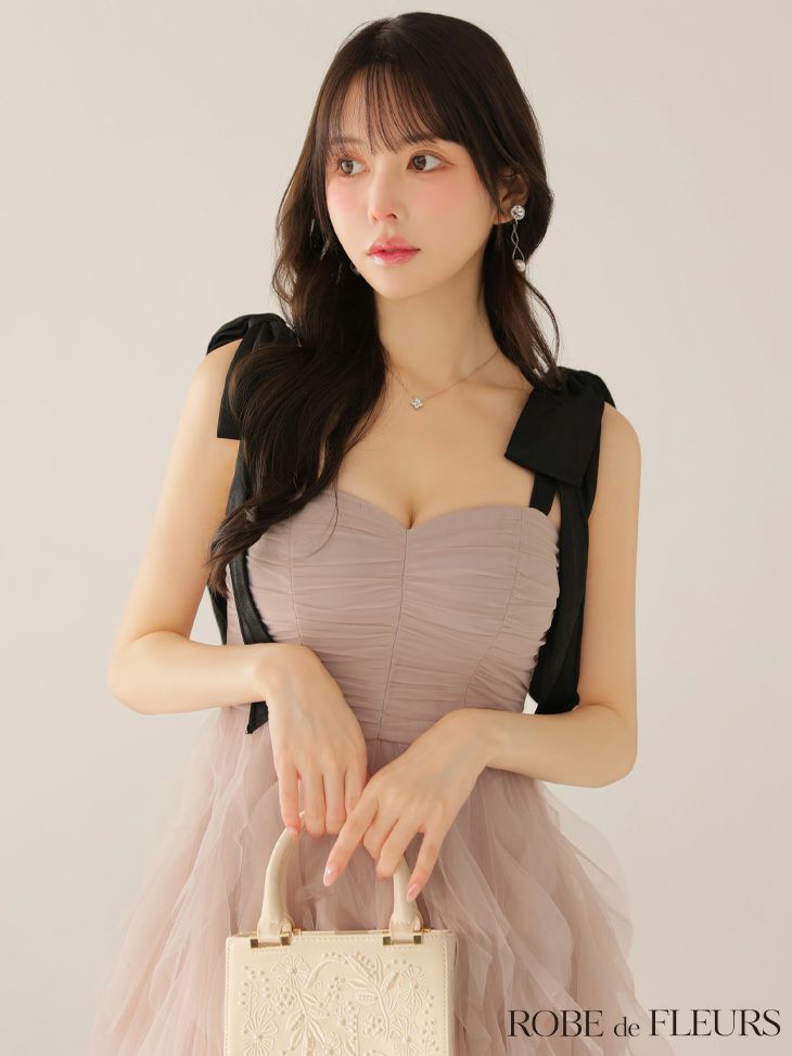 ROBE de FLEURS ローブドフルール ボリュームチュールショルダーリボンフレアロングドレス fm3463