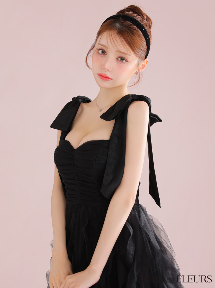 ROBE de FLEURS ローブドフルール ボリュームチュールショルダーリボンフレアロングドレス fm3463