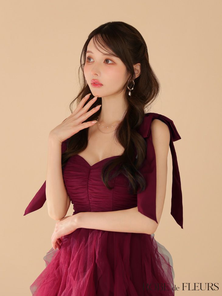 ROBE de FLEURS ローブドフルール ボリュームチュールショルダーリボンフレアロングドレス fm3463