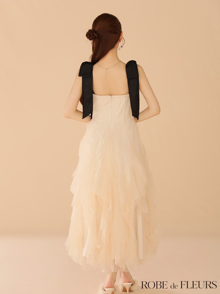 ROBE de FLEURS ローブドフルール ボリュームチュールショルダーリボンフレアロングドレス fm3463