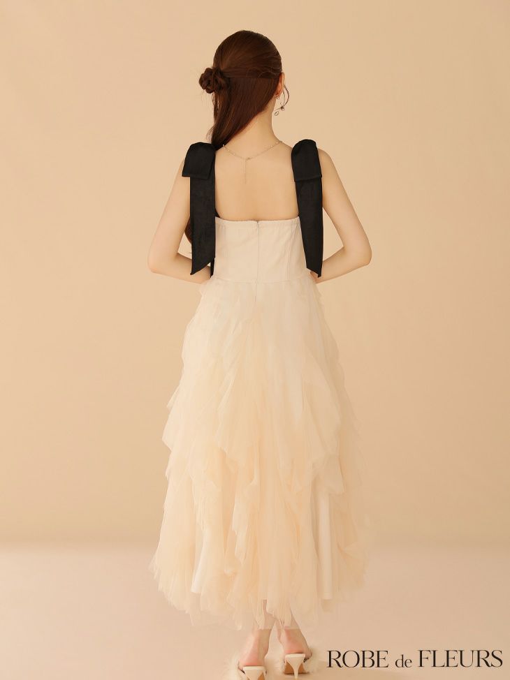 ROBE de FLEURS ローブドフルール ボリュームチュールショルダーリボンフレアロングドレス fm3463