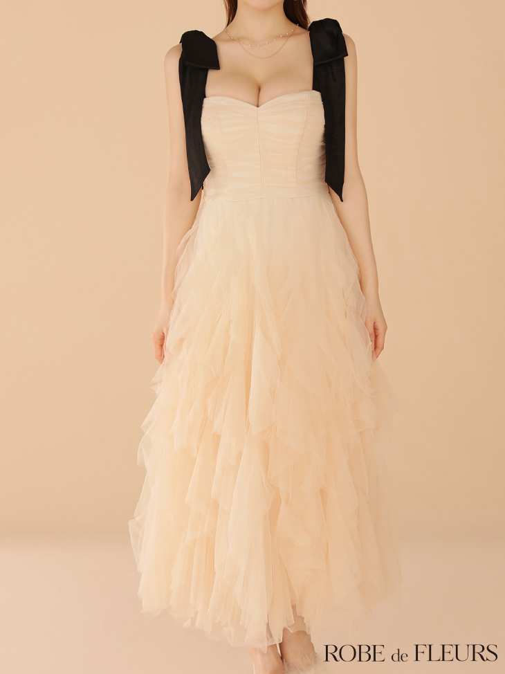 ROBE de FLEURS ローブドフルール ボリュームチュールショルダーリボンフレアロングドレス fm3463